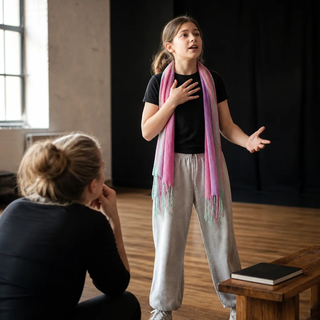 Enfants en atelier théâtre répètent une scène, construisant ensemble leur troupe sur scène