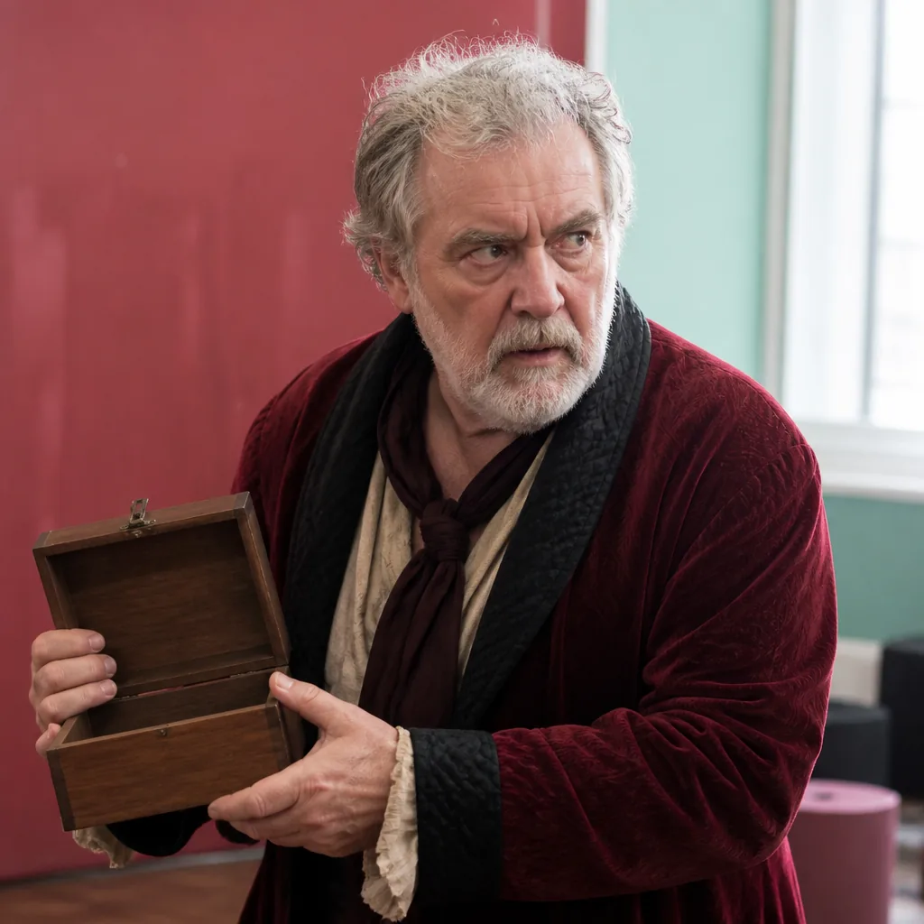 Harpagon, geste avide, se penche sur une cassette d'or sur une scène de théâtre